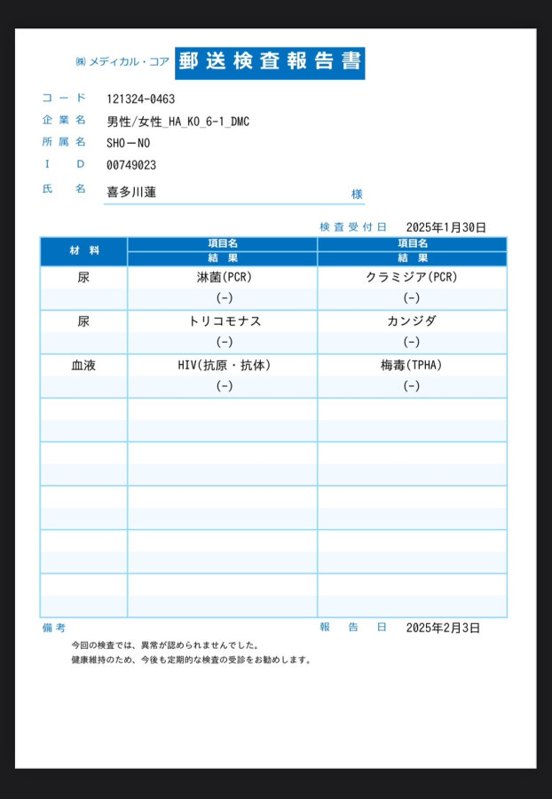 喜多川 蓮の性病検査証明書